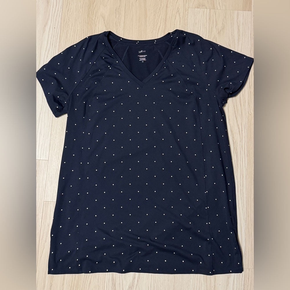 J.Jill Fit Supreme Stretch Seamed Tunic Top navy white polka dot short sleeve